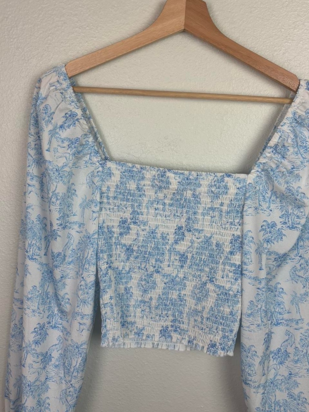 BCBGeneration Light Blue Toile Smocked Square-Neck Crop Top